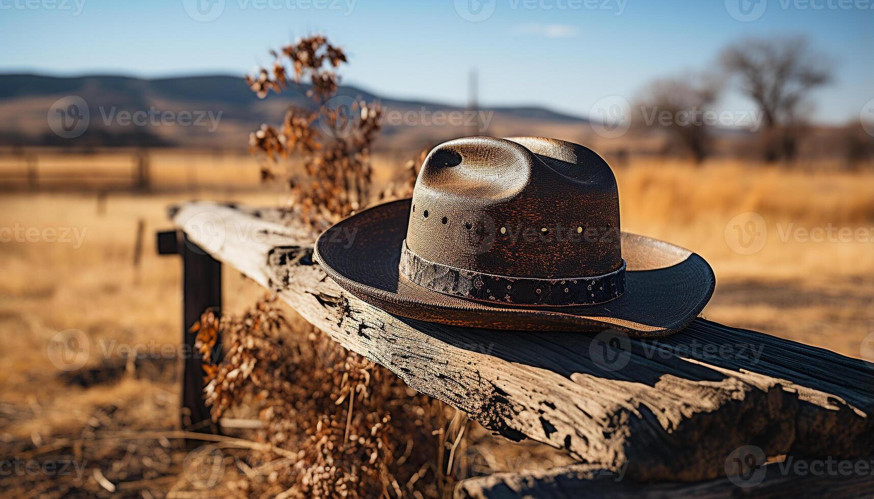 AI generated Cowboy hat, straw hat, old fashioned fedora, rustic ranch landscape generated by AI photo