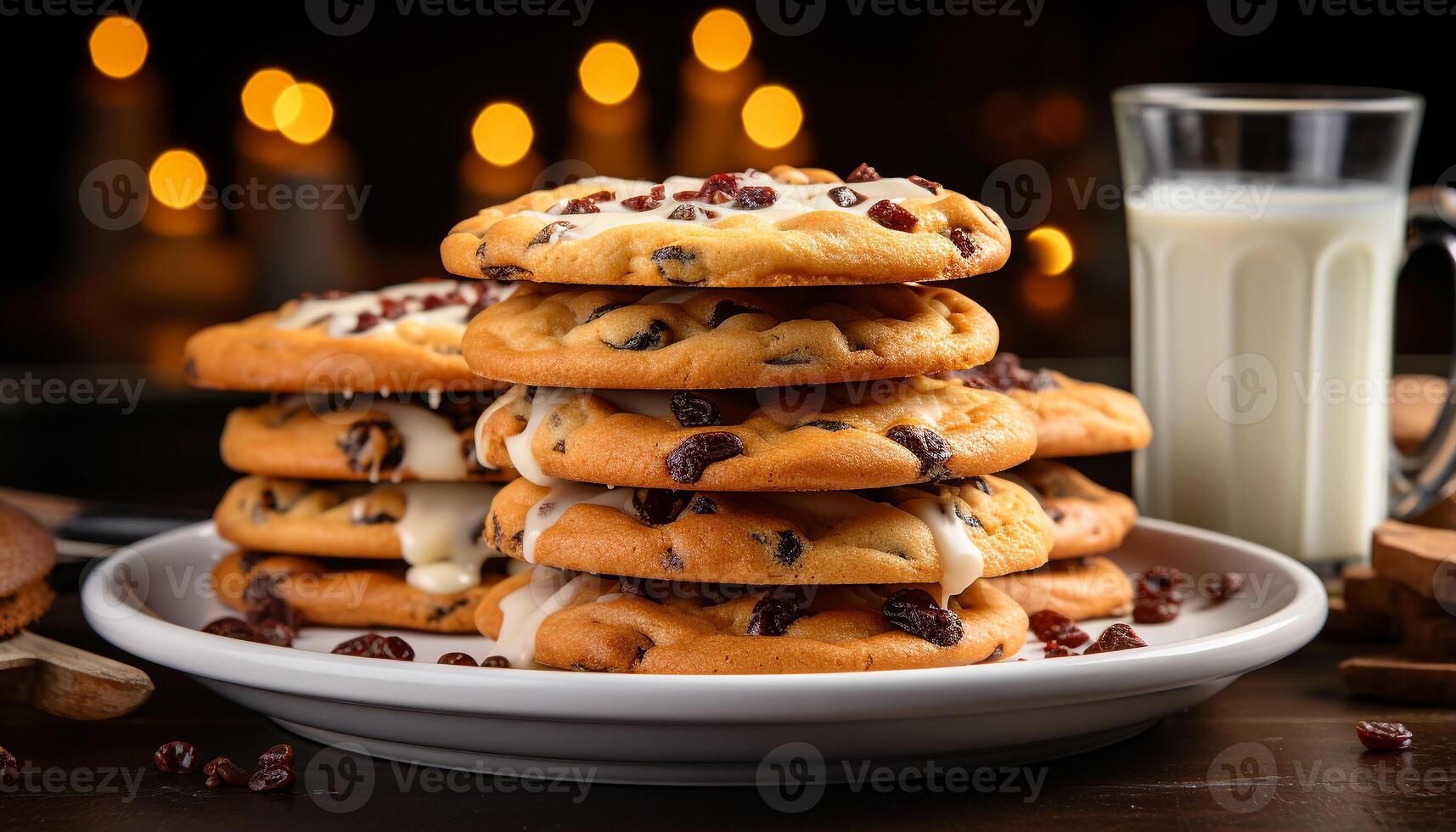 AI generated A homemade chocolate chip cookie stack on rustic wood generated by AI photo