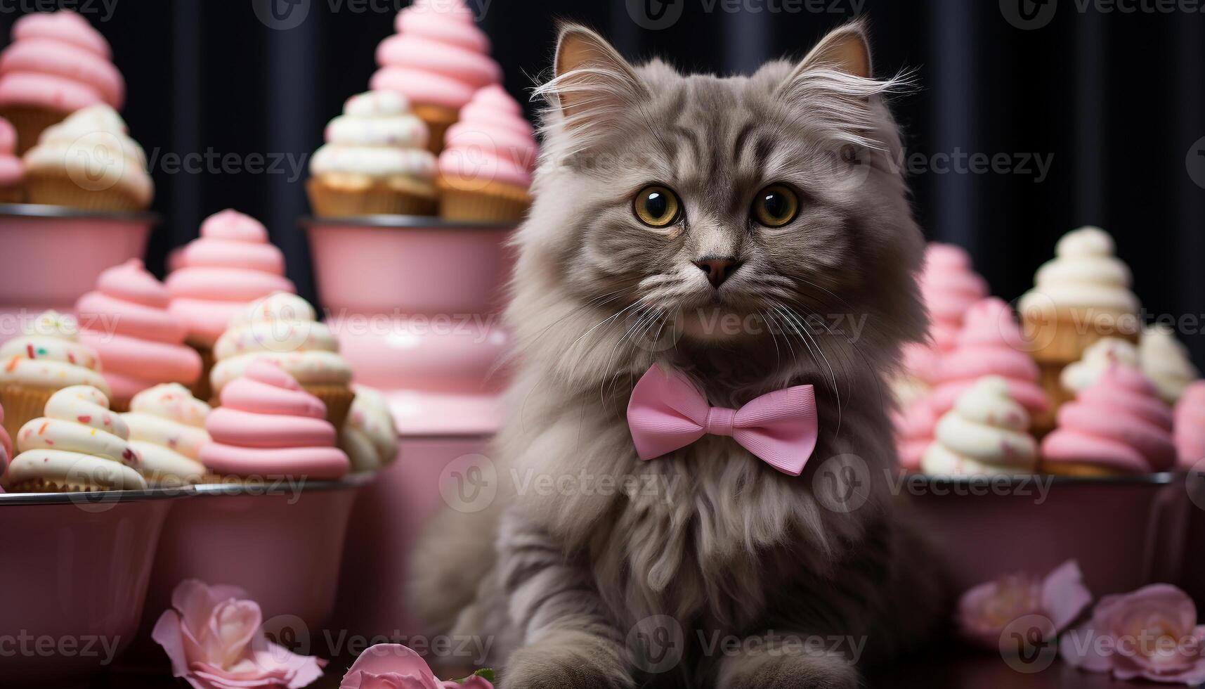 AI generated Cute kitten eating chocolate dessert, sitting on table indoors generated by AI photo