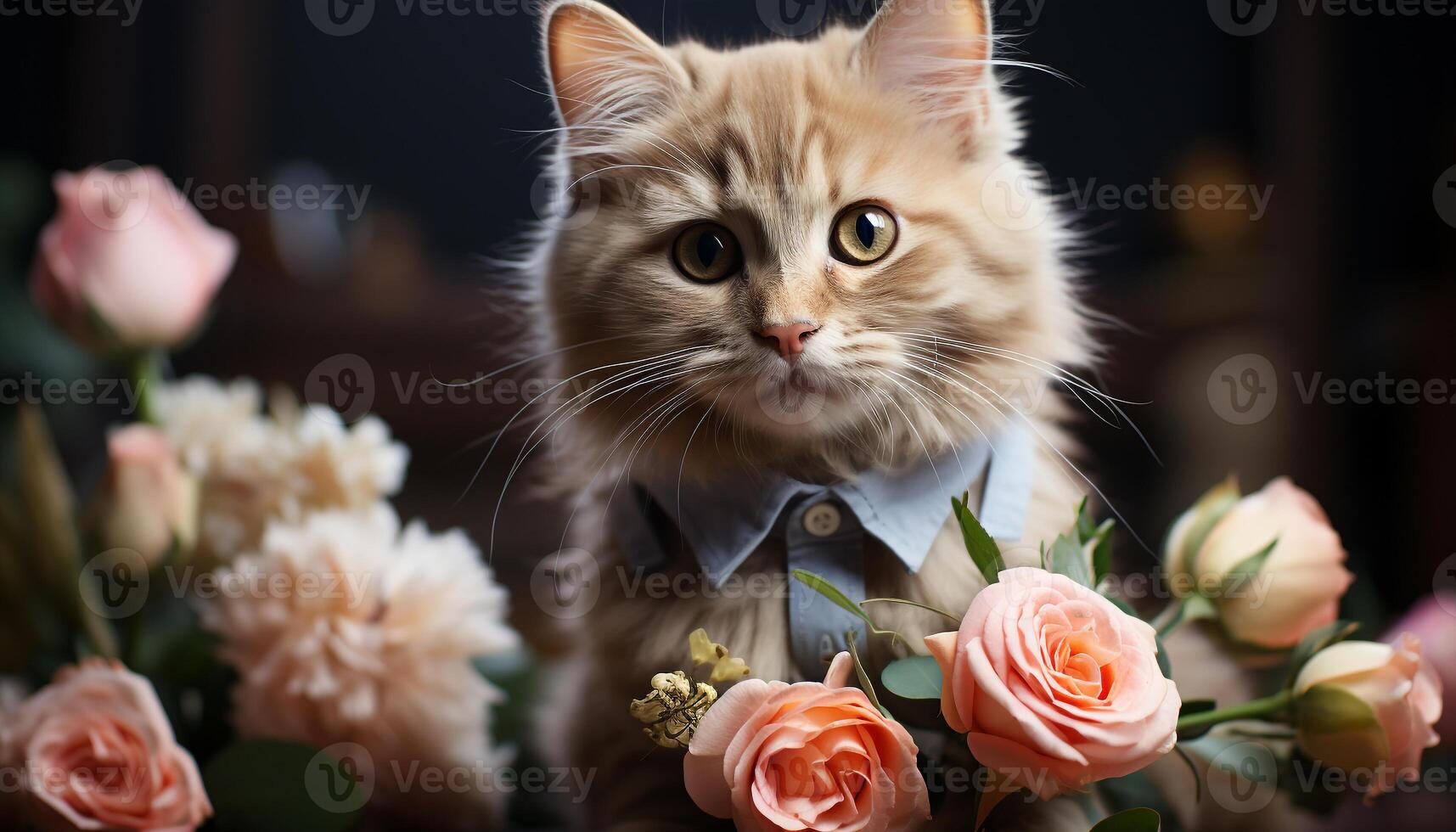AI generated Cute kitten sitting, looking at camera, surrounded by flowers generated by AI photo