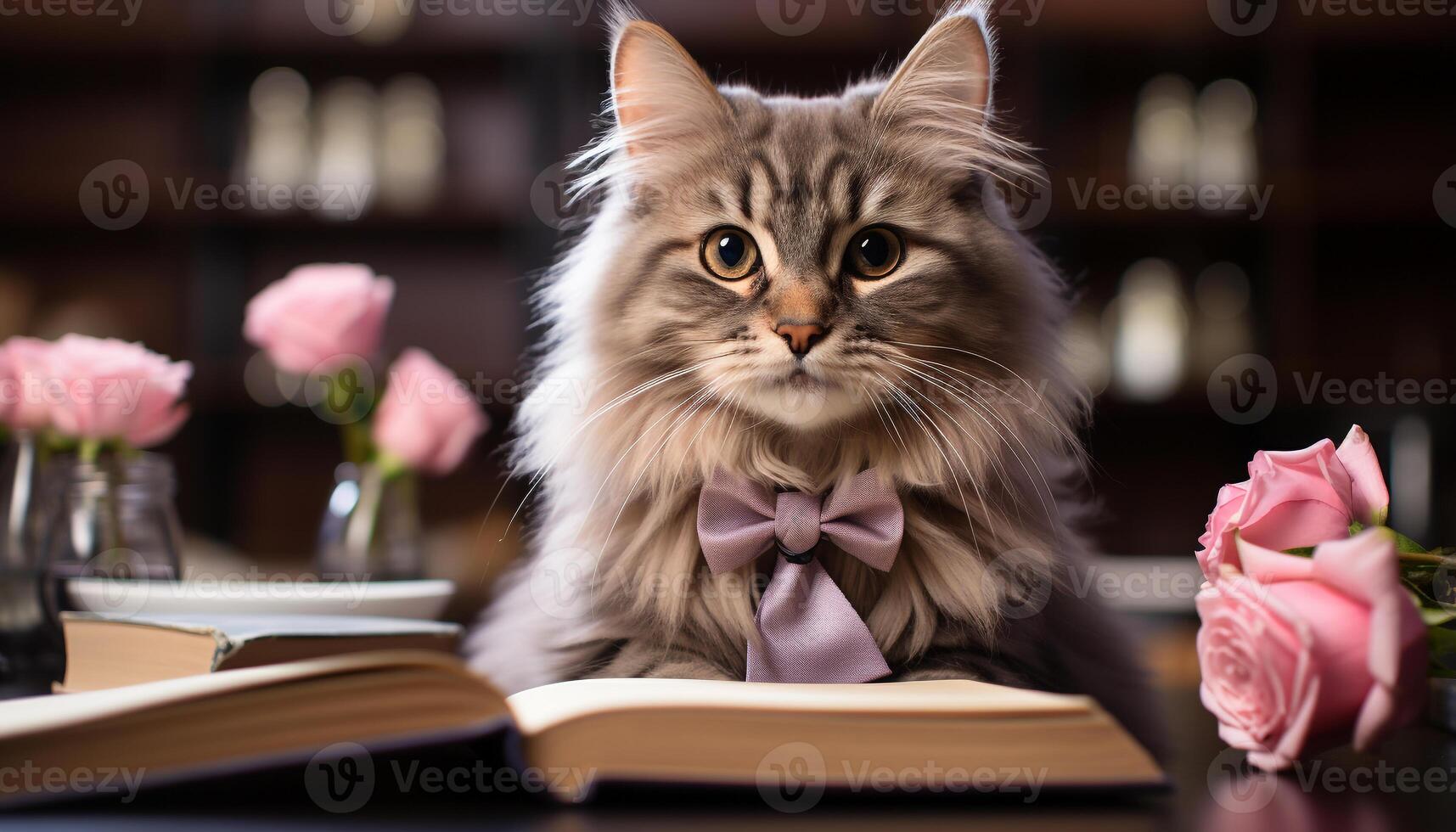 AI generated Cute kitten sitting on table, reading book in library generated by AI photo