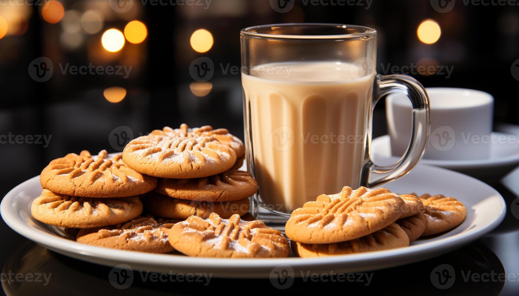 AI generated Homemade chocolate chip cookies on wooden table, with coffee generated by AI photo