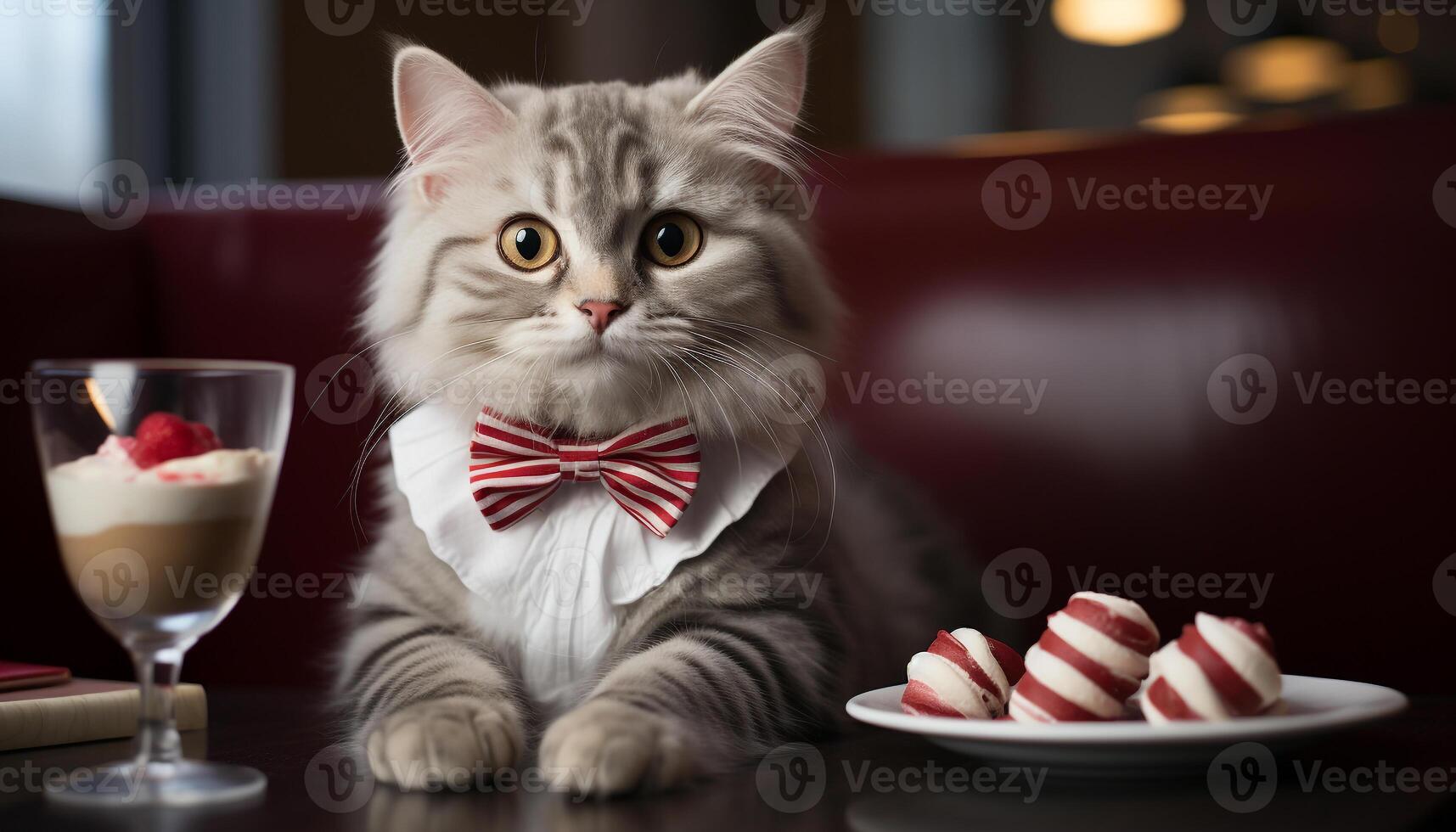 ai generado linda gatito sentado en mesa, mirando a comida cuenco generado por ai foto
