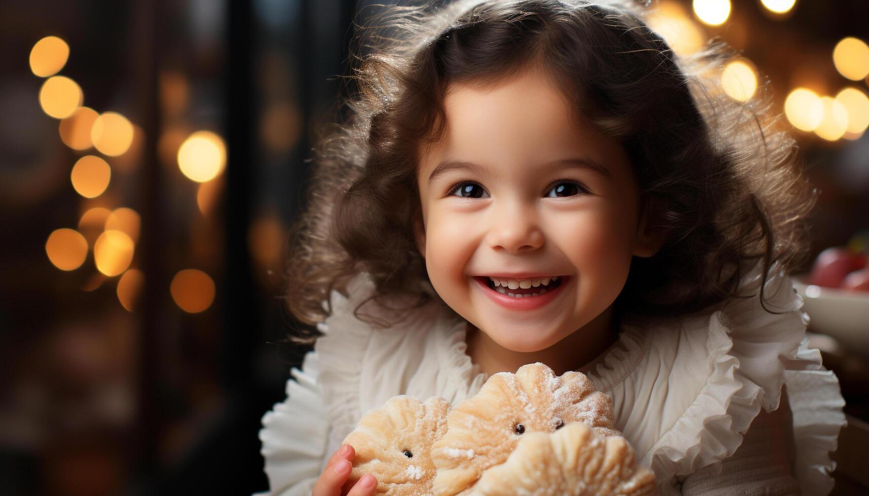 AI generated A cute, smiling girl enjoys a cookie at Christmas generated by AI photo