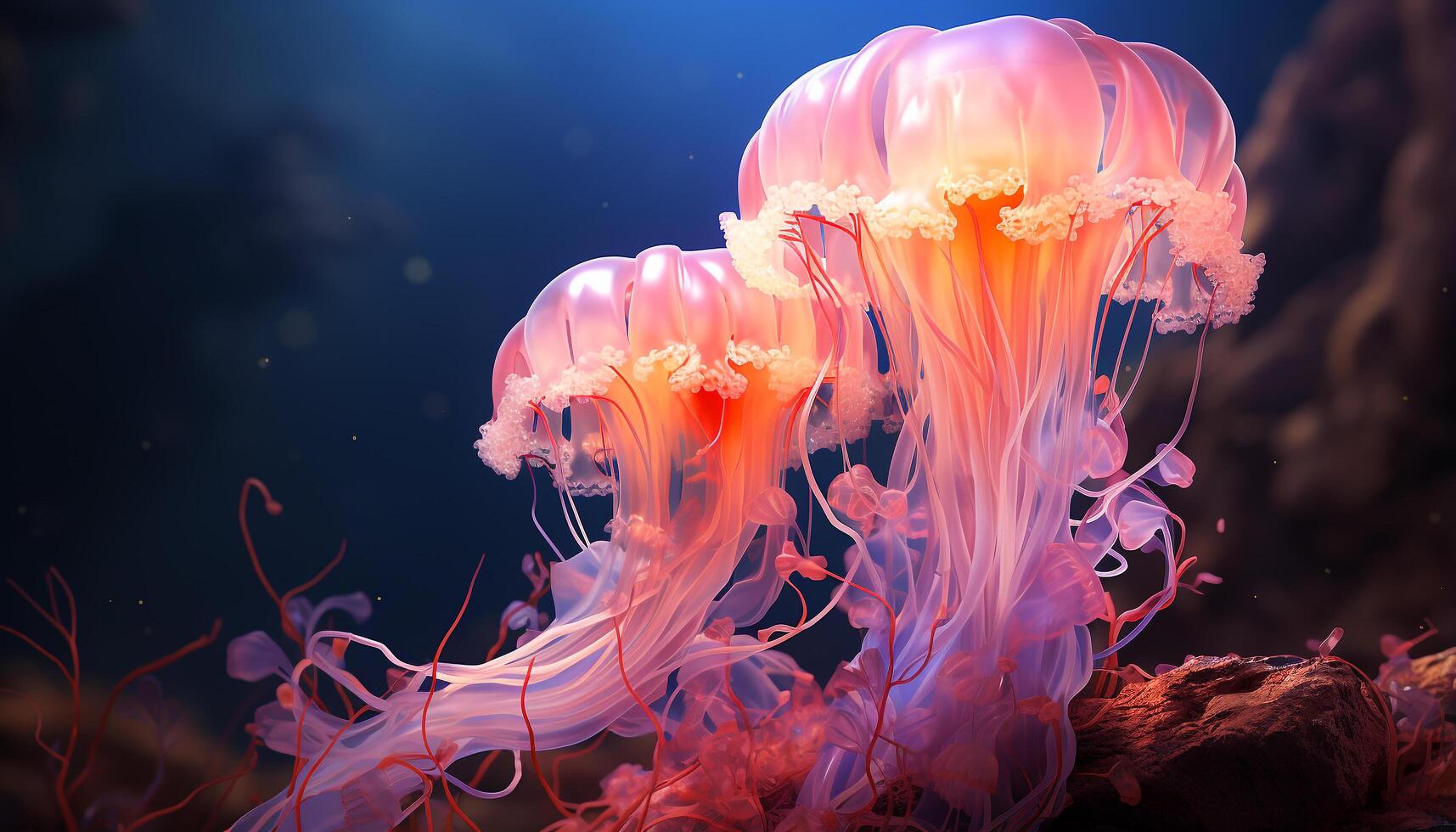 AI generated Glowing purple jellyfish swim in the deep, dangerous saltwater generated by AI photo