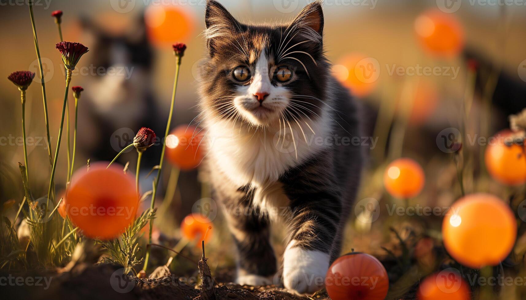 AI generated Cute kitten playing in grass, staring at meadow beauty generated by AI photo