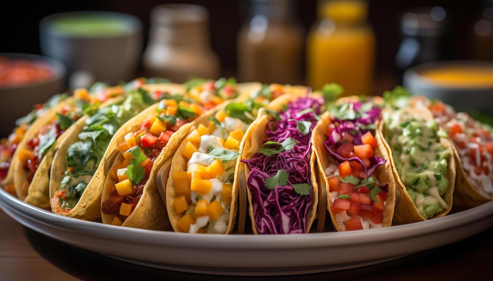 AI generated Homemade taco fresh tortilla, beef, guacamole, cilantro, and cheddar cheese generated by AI photo