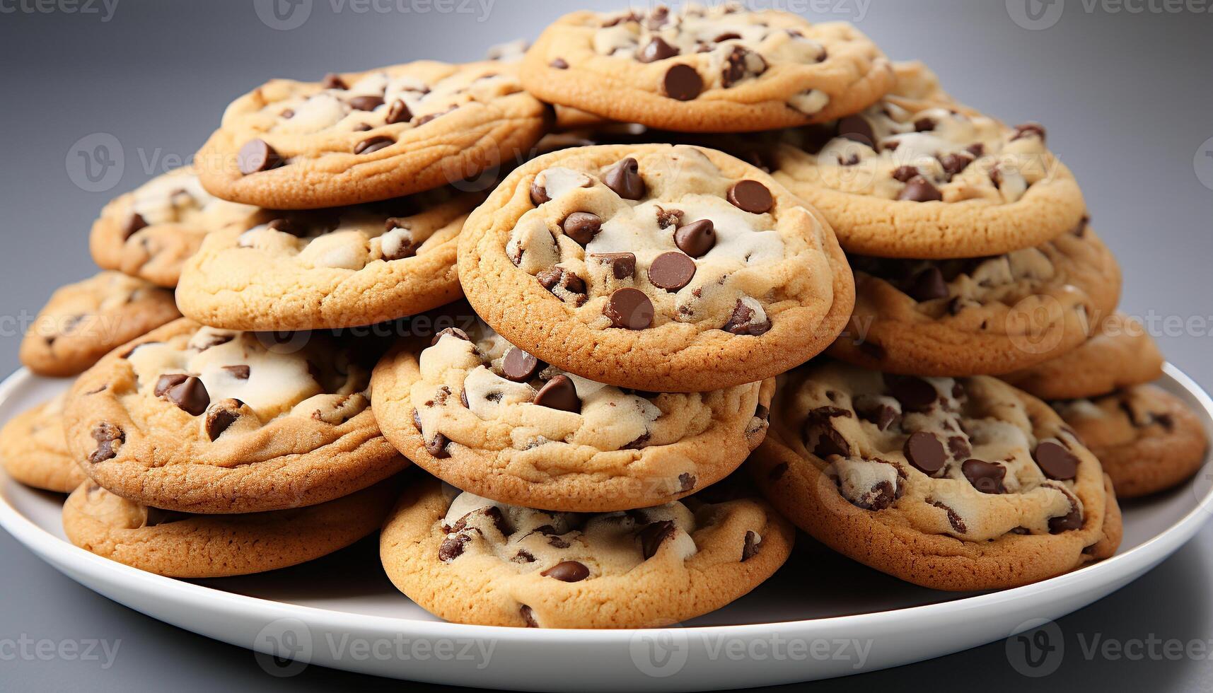 ai generado gastrónomo hecho en casa chocolate chip galletas, un tentador indulgencia en un plato generado por ai foto