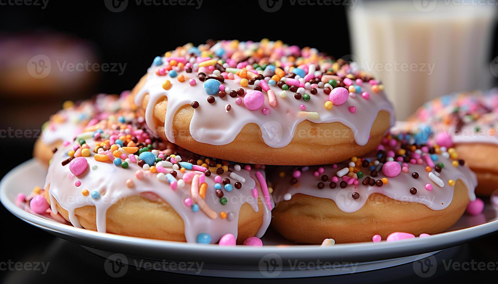 AI generated Homemade donut with colorful icing, a sweet celebration treat generated by AI photo