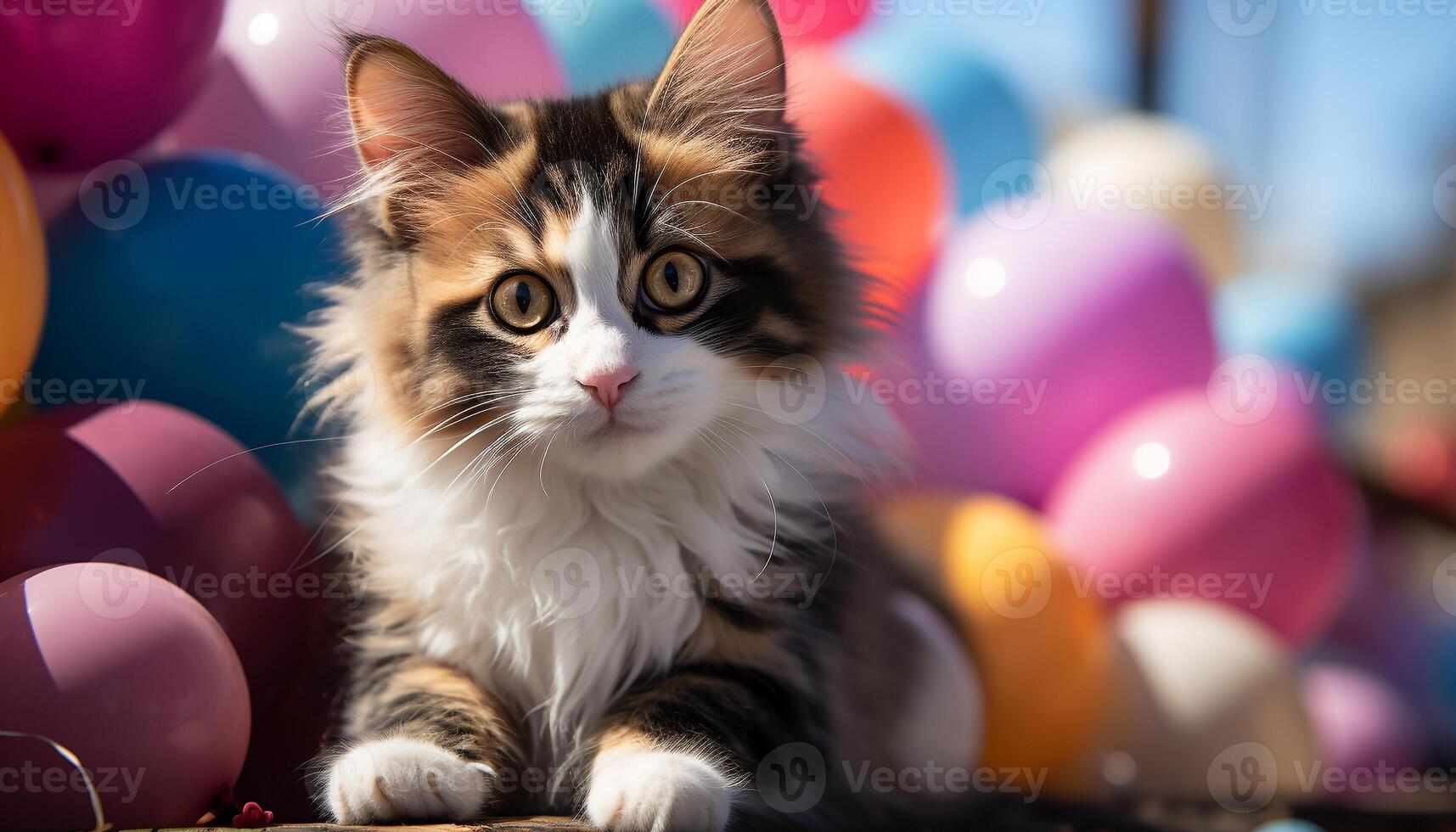 AI generated Cute kitten playing with a toy, celebrating its birthday generated by AI photo