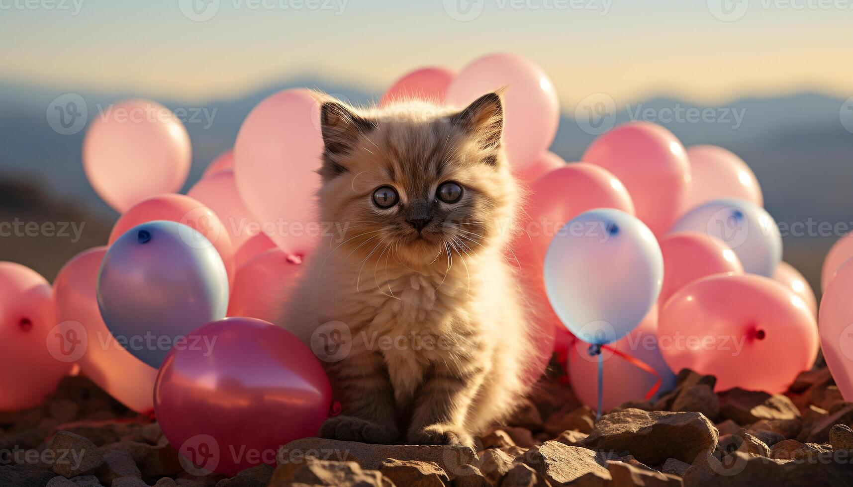 AI generated Cute kitten playing with toy, surrounded by colorful balloons generated by AI photo