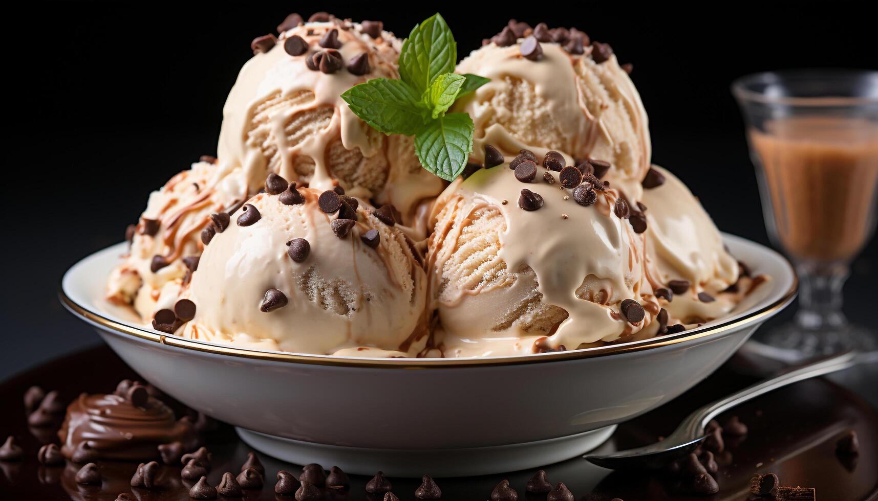 AI generated Homemade ice cream sundae with chocolate sauce and whipped cream generated by AI photo