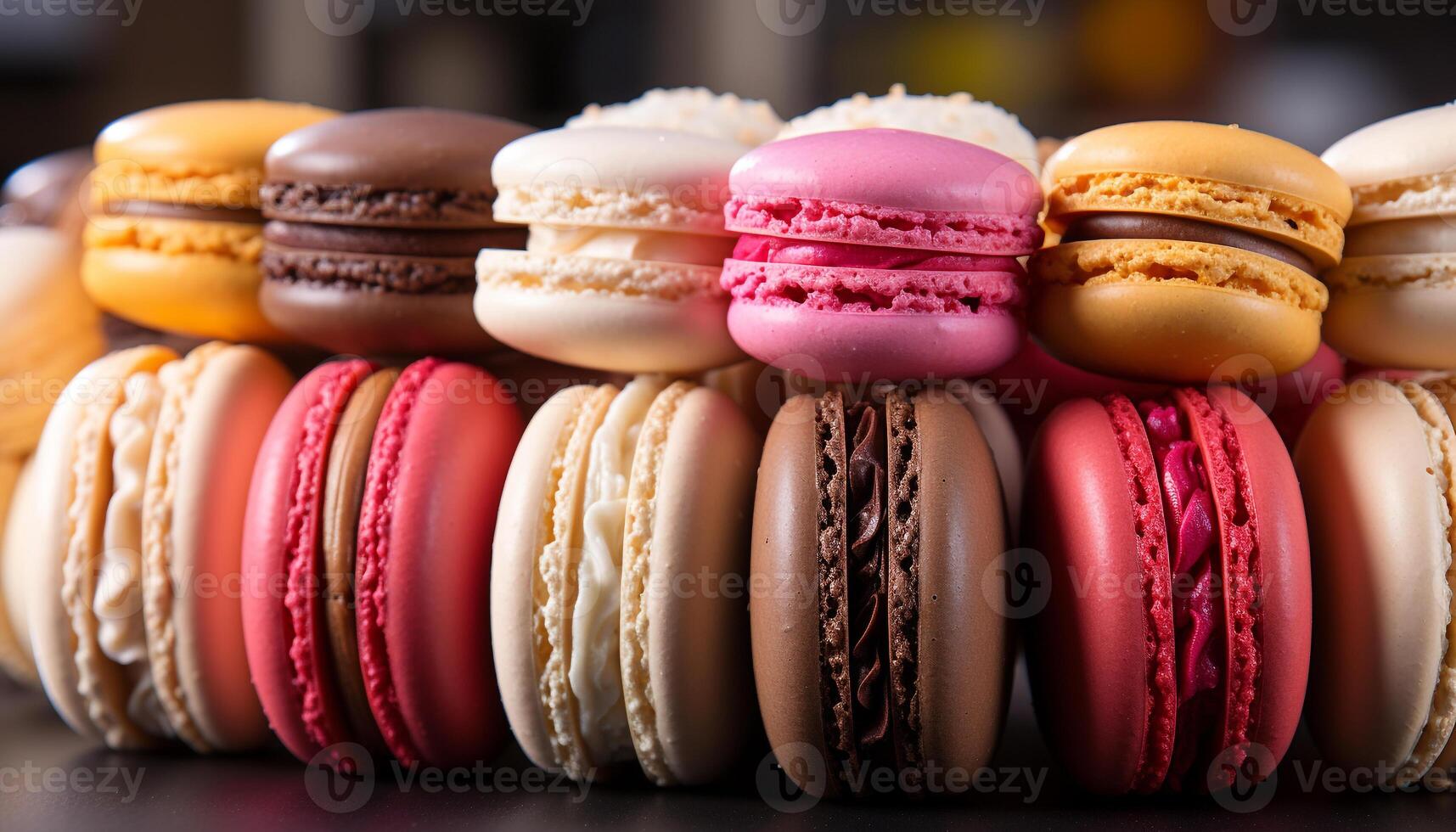 AI generated A stack of macaroons, a sweet French indulgence in pink generated by AI photo