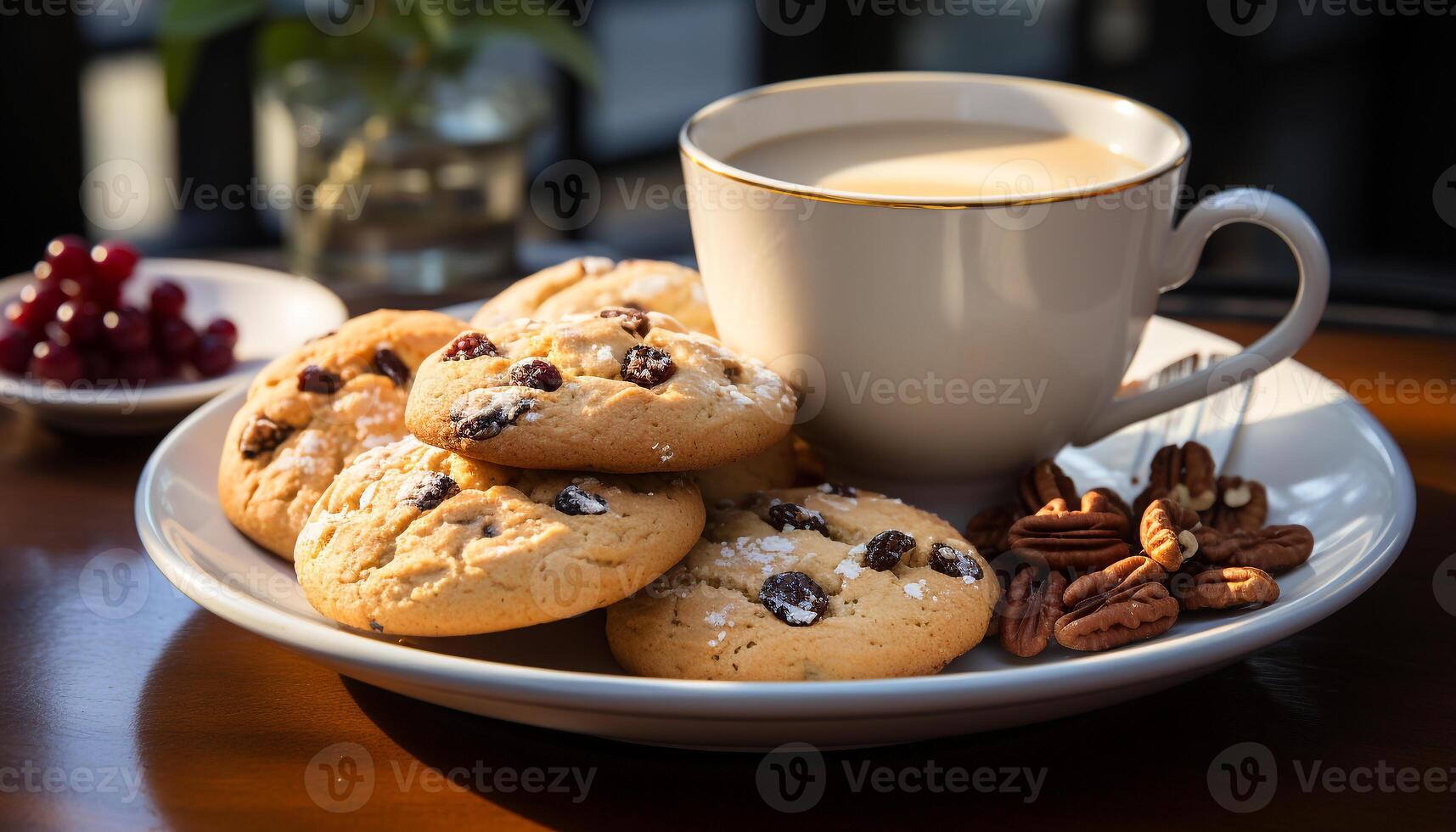 ai generado hecho en casa chocolate chip galletas en rústico mesa, Listo a comer indulgencia generado por ai foto