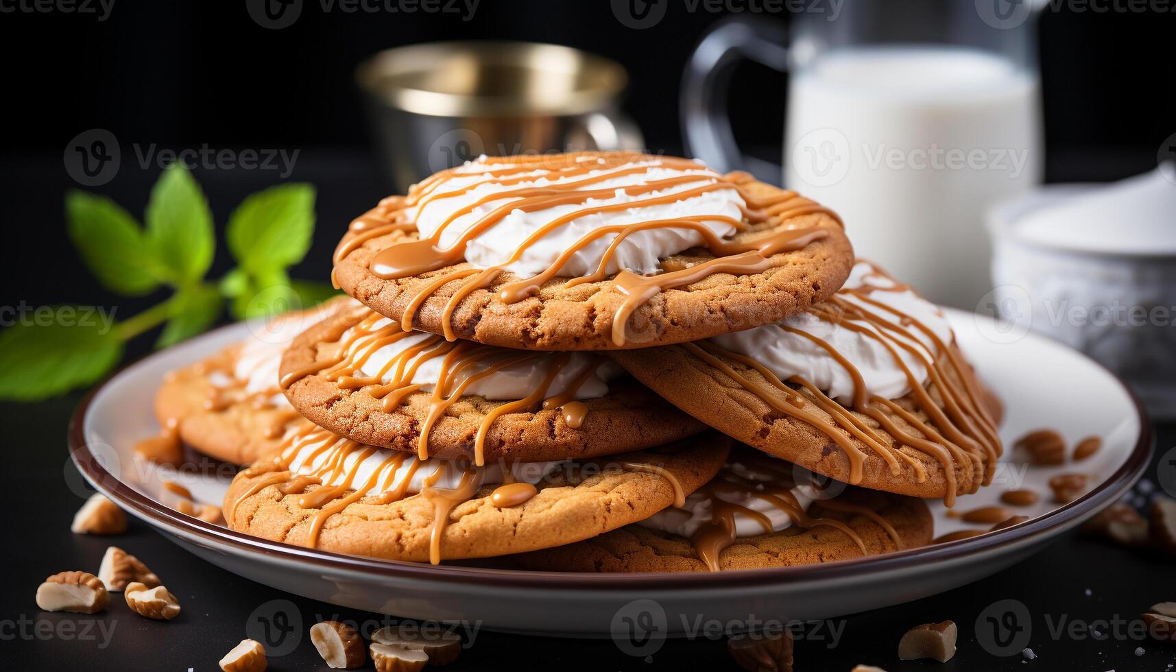 AI generated Freshness and indulgence on a plate of homemade gourmet cookies generated by AI photo