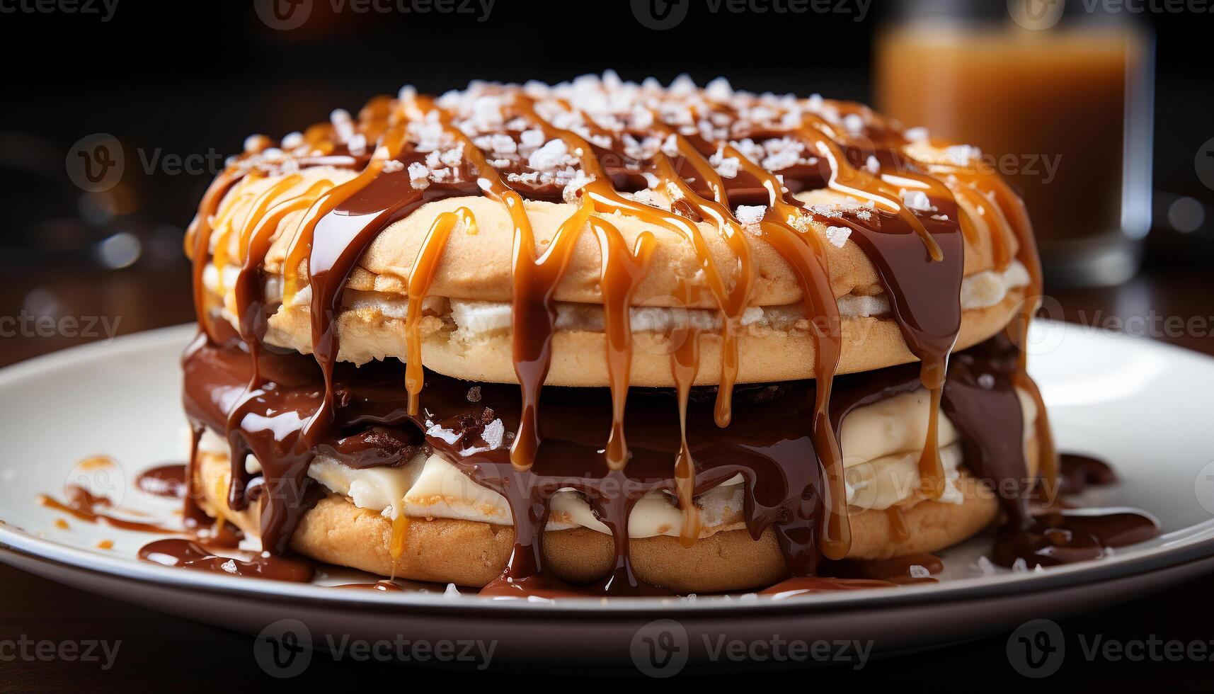 AI generated A stack of homemade pancakes with chocolate sauce and fruit generated by AI photo