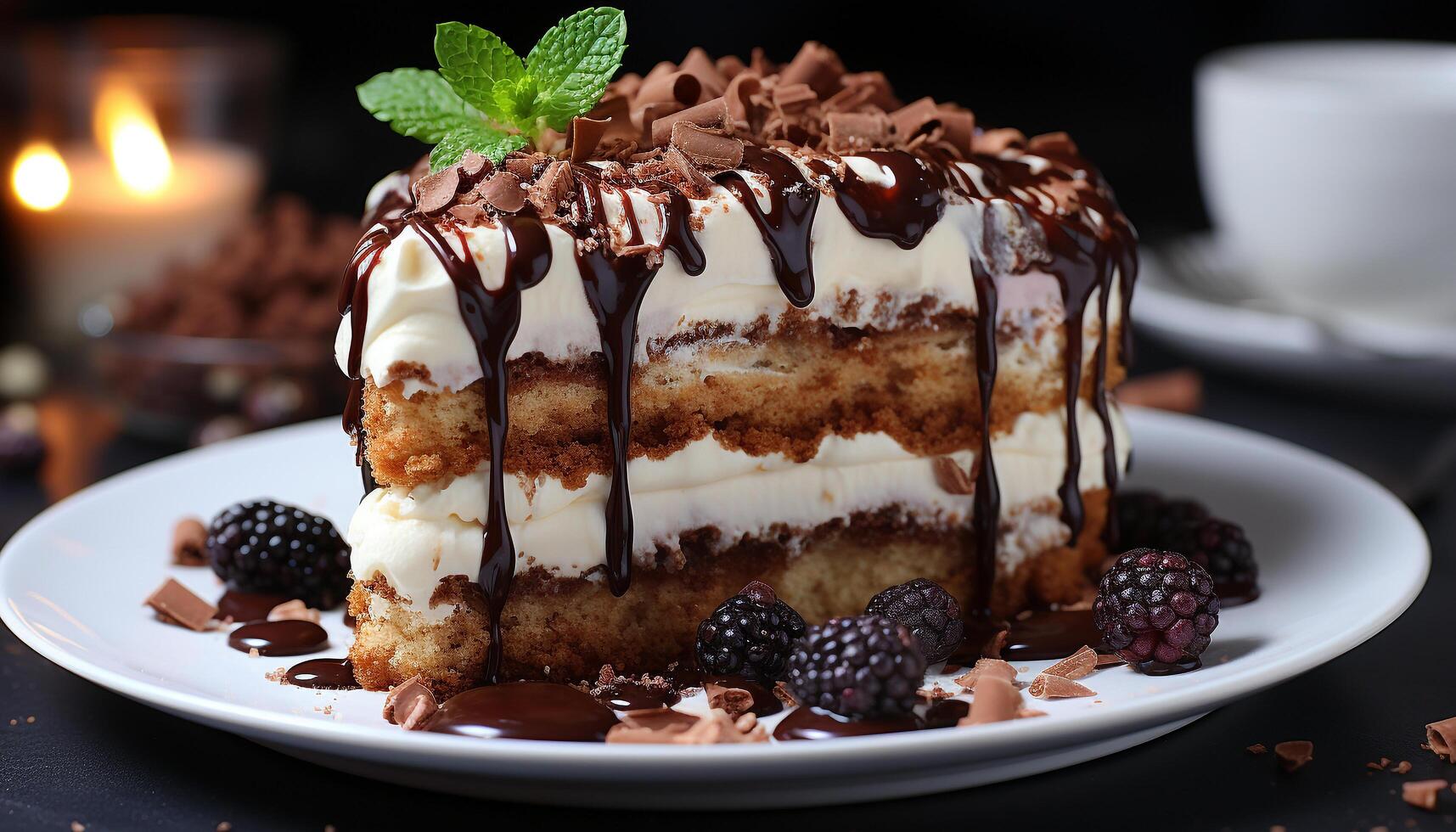 ai generado hecho en casa chocolate pastel rebanada con azotado crema y Fresco bayas generado por ai foto