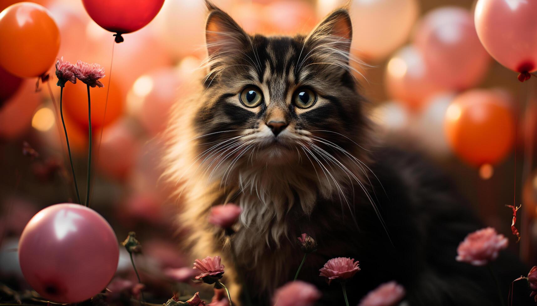 AI generated Cute kitten playing with a balloon at a birthday party generated by AI photo