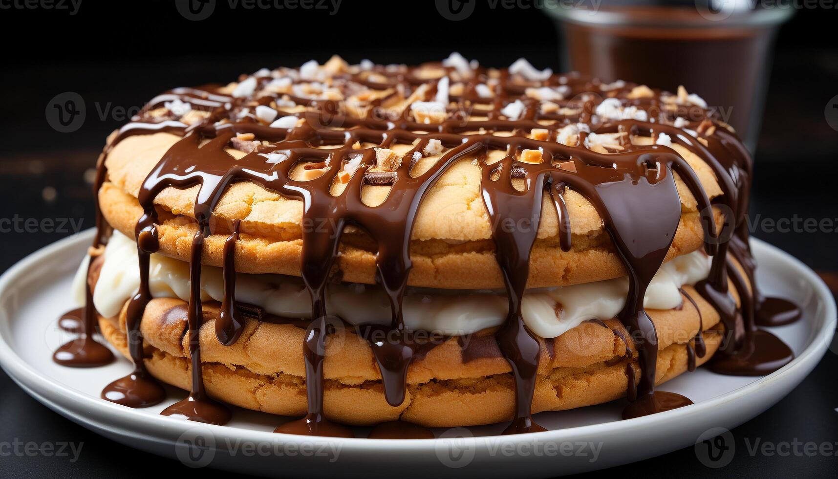 AI generated Stack of homemade chocolate pancakes with whipped cream and syrup generated by AI photo