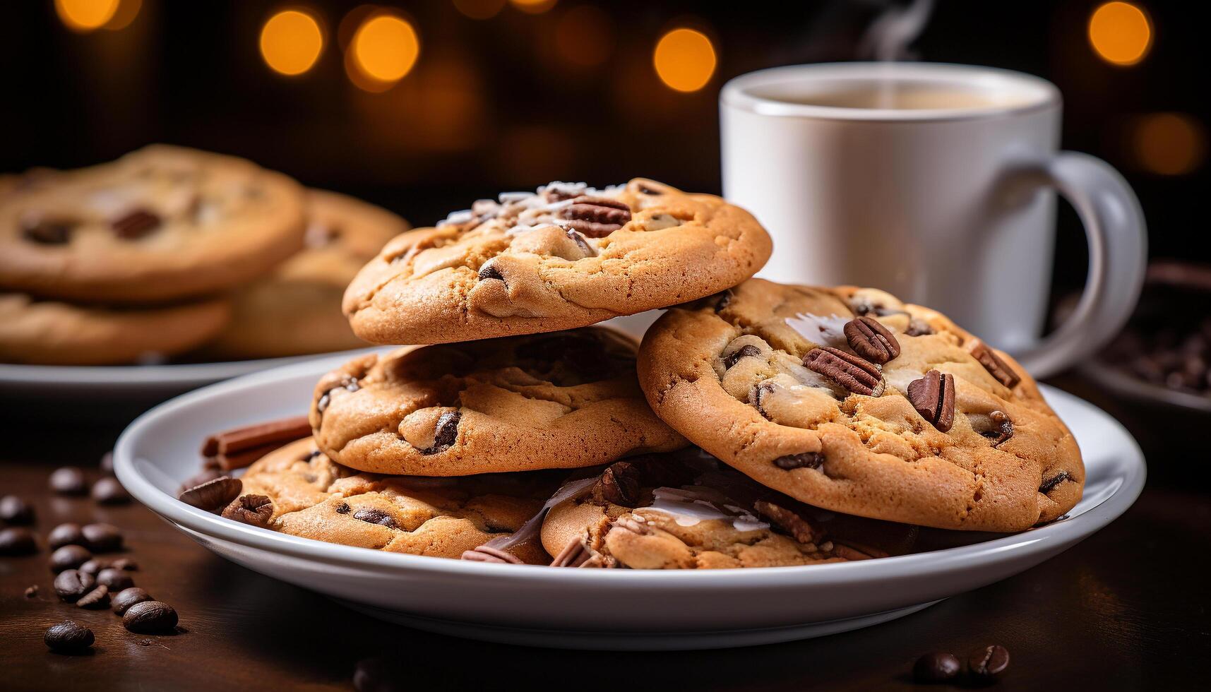 AI generated Freshly baked homemade chocolate chip cookies on a rustic wooden table generated by AI photo