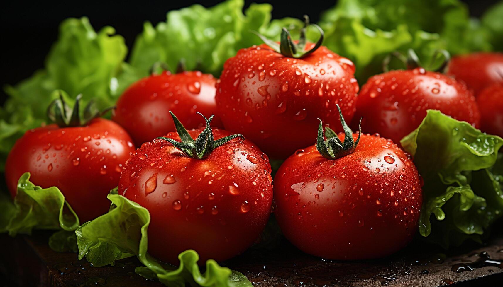 ai generado Fresco tomate, sano ensalada, orgánico verdura, maduro fruta, mojado hoja generado por ai foto