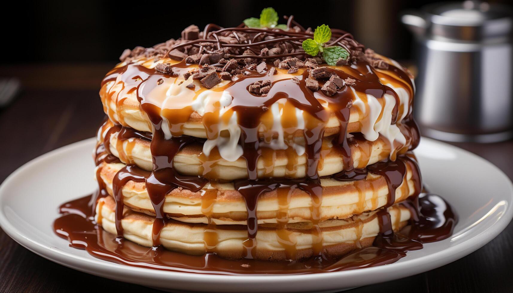 AI generated Indulgent homemade dessert chocolate pancake stack with whipped cream generated by AI photo