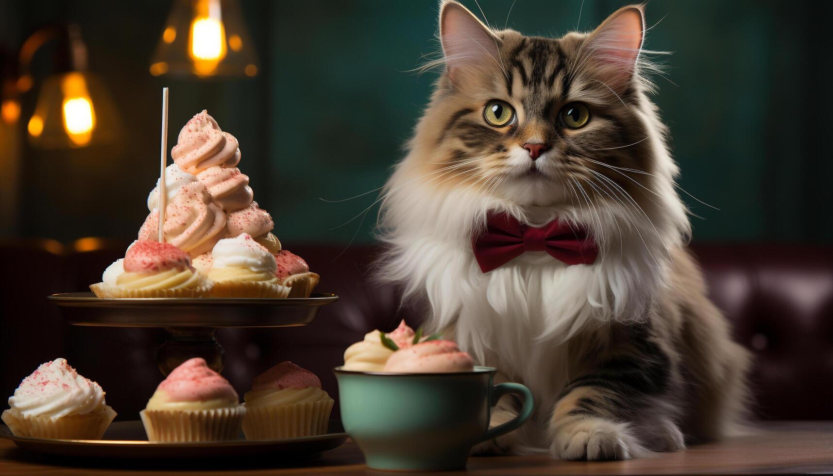 AI generated Cute kitten sitting on table, eating chocolate cupcake indoors generated by AI photo