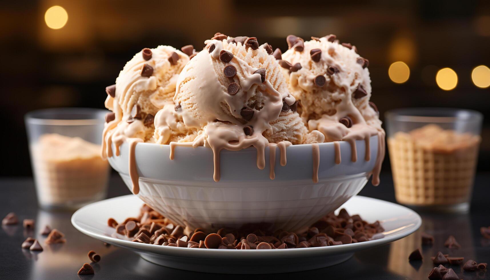 AI generated Fresh homemade chocolate dessert on rustic table with whipped cream generated by AI photo