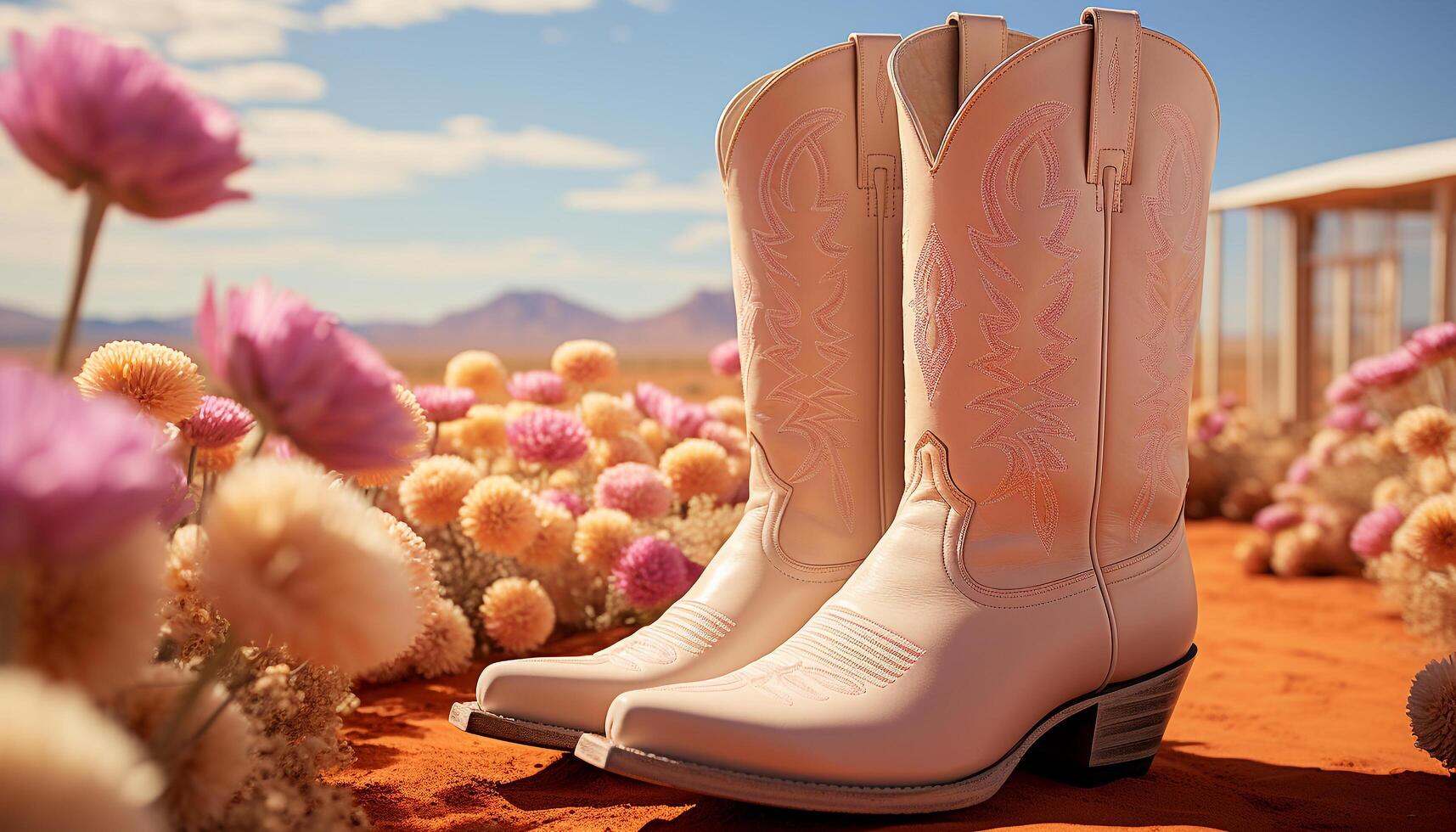 AI generated Men and women enjoy the outdoors in colorful cowboy boots generated by AI photo