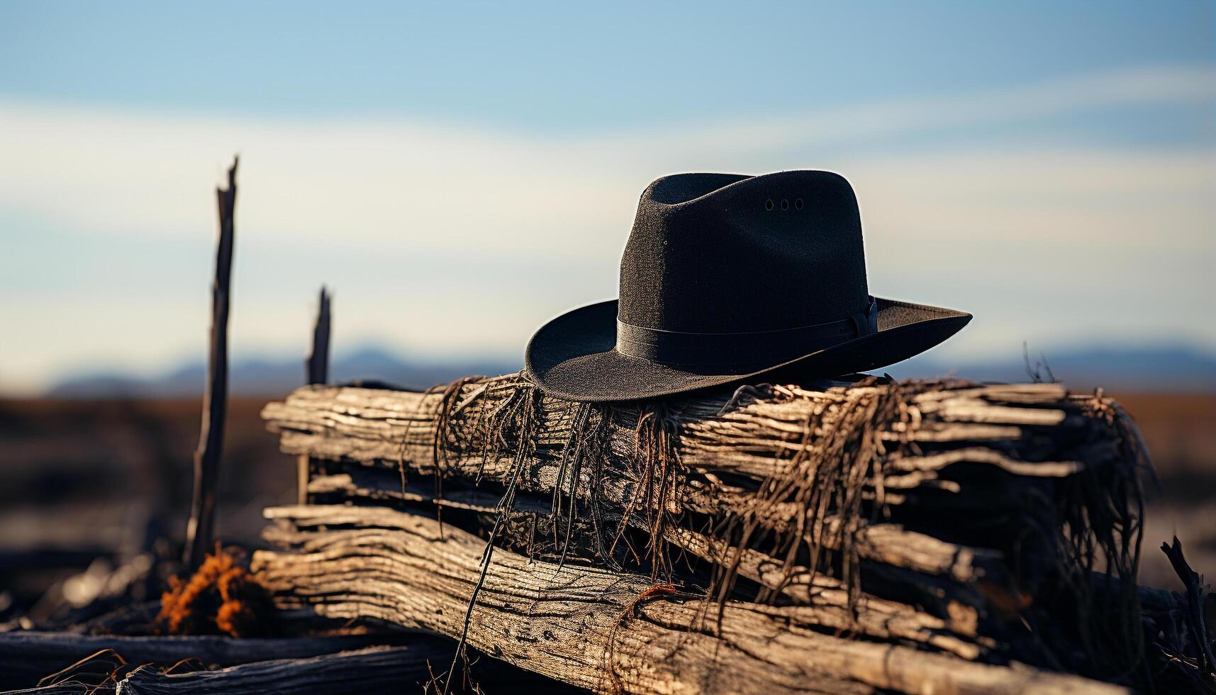 ai generado vaquero sombrero, Paja sombrero, puesta de sol hombres viaje al aire libre, antiguo pasado de moda aventuras generado por ai foto