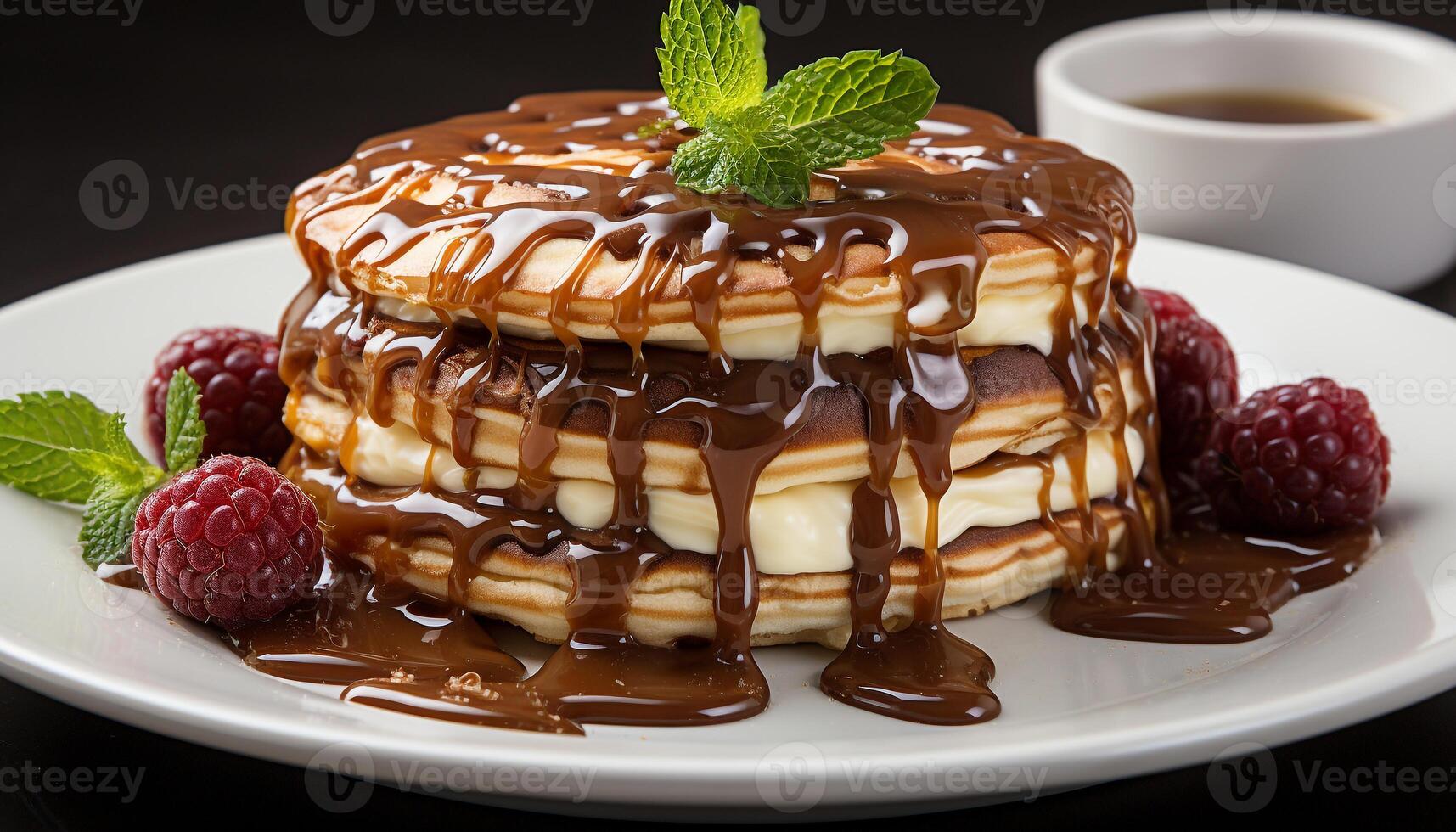 AI generated A stack of homemade pancakes with chocolate sauce and fresh berries generated by AI photo