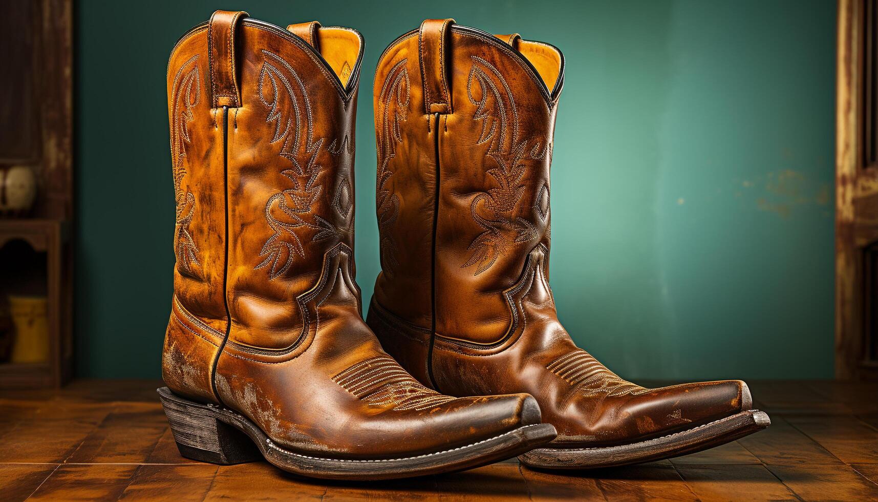 AI generated Cowboy boot pair, shiny leather, rustic wood, elegant fashion generated by AI photo