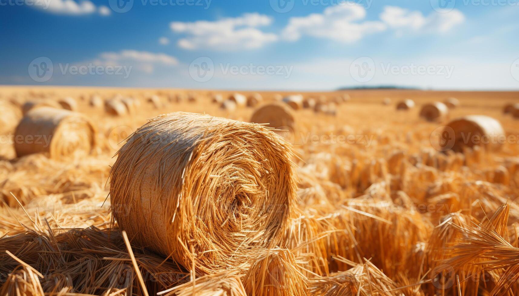 AI generated Rural farm landscape yellow wheat, rolled hay, blue sky generated by AI photo