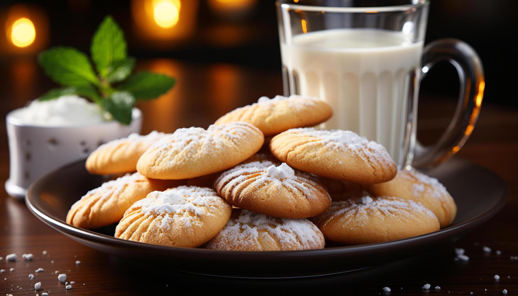 AI generated Homemade chocolate chip cookies on rustic wooden table generated by AI photo