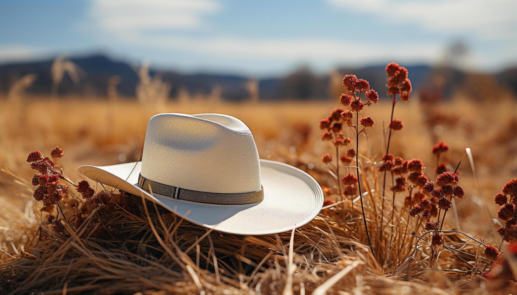 AI generated Young woman in straw hat enjoys summer meadow adventure generated by AI photo