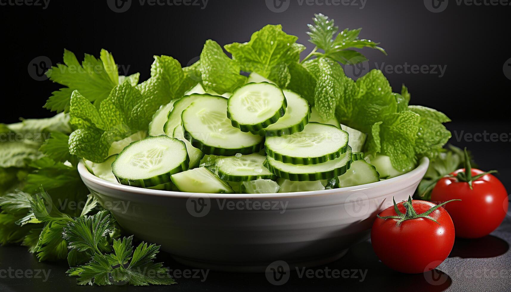 AI generated Freshness of vegetarian food cucumber, tomato, salad, parsley, healthy eating generated by AI photo
