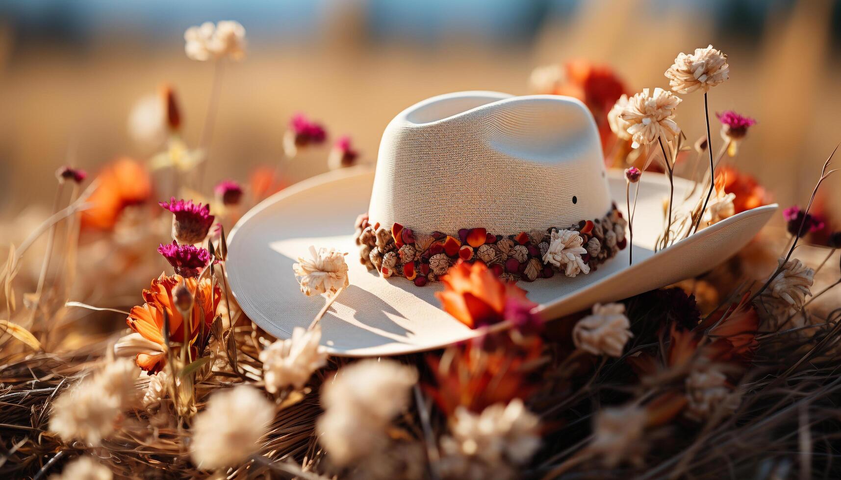AI generated Women in straw hats enjoy the summer meadow colorful flowers generated by AI photo