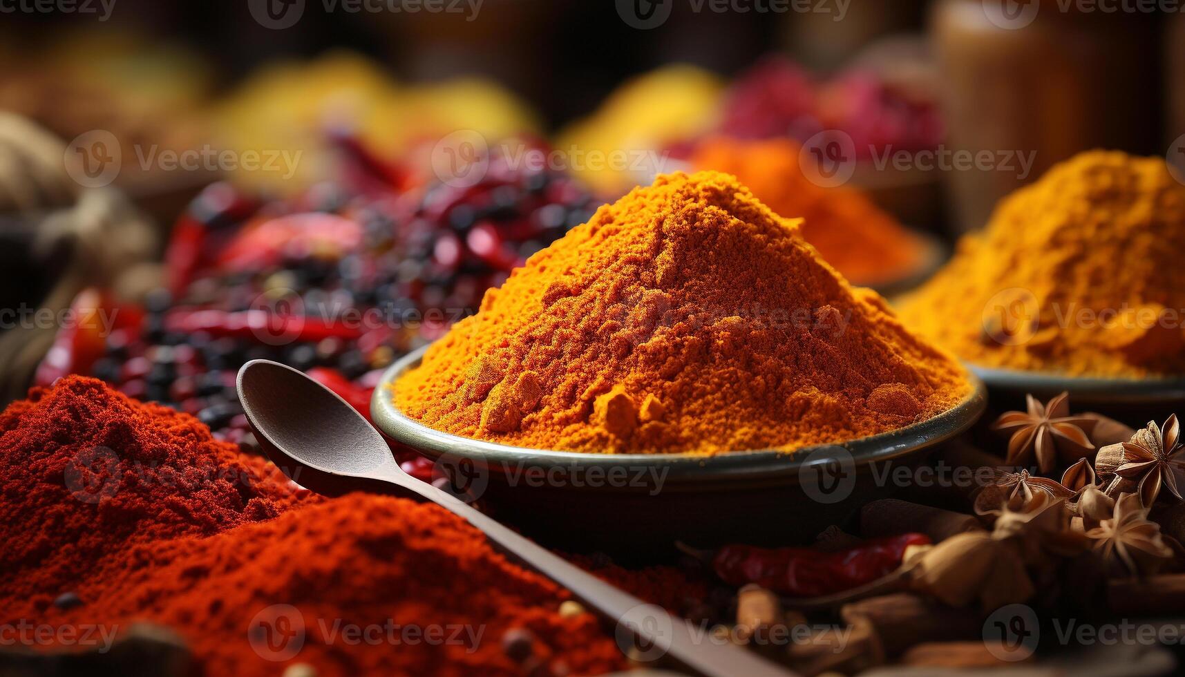 AI generated Vibrant colors of spices in a close up, culinary variety generated by AI photo