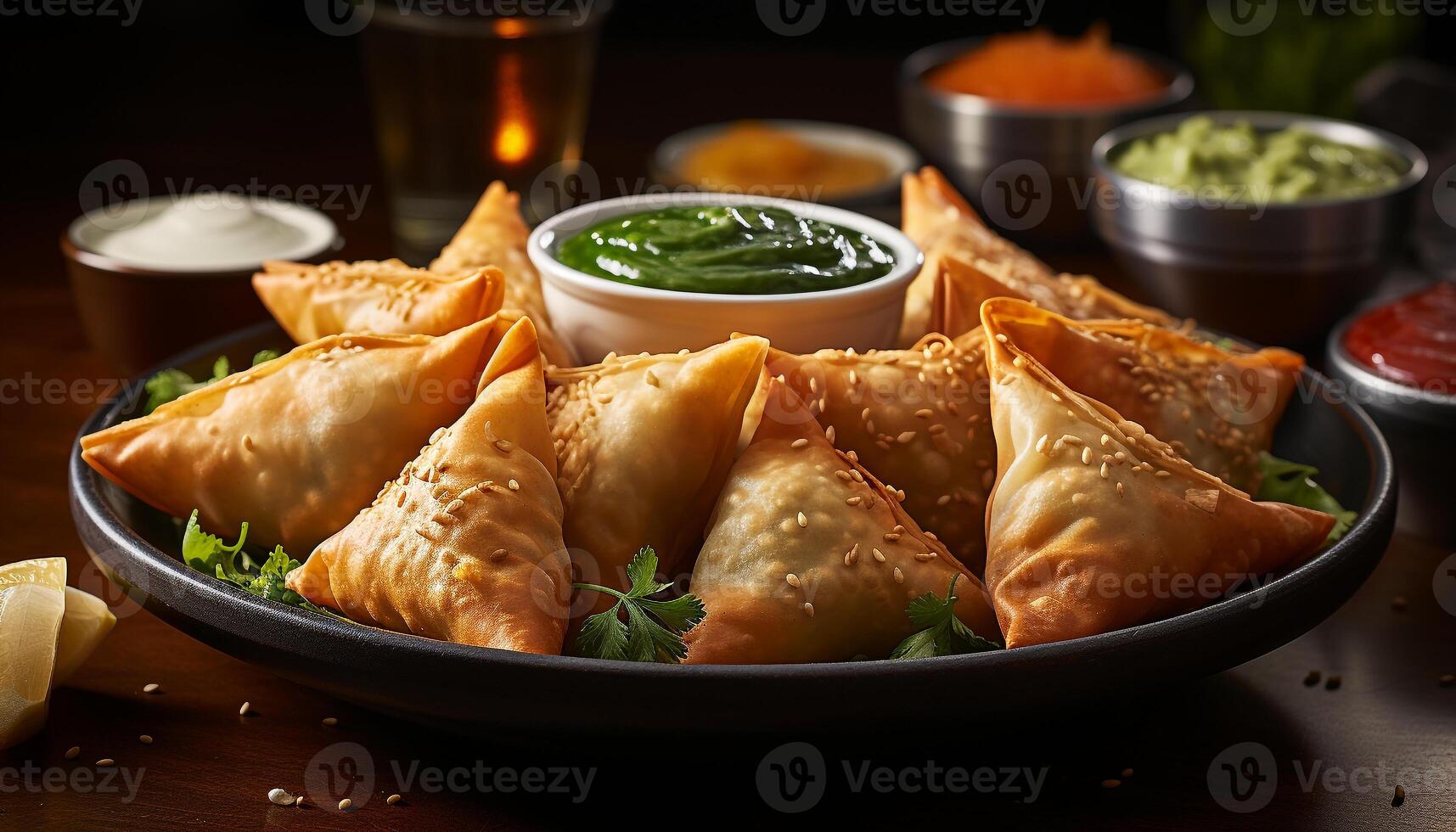 AI generated Freshness and crunchiness of vegetarian samosa on a wooden plate generated by AI photo