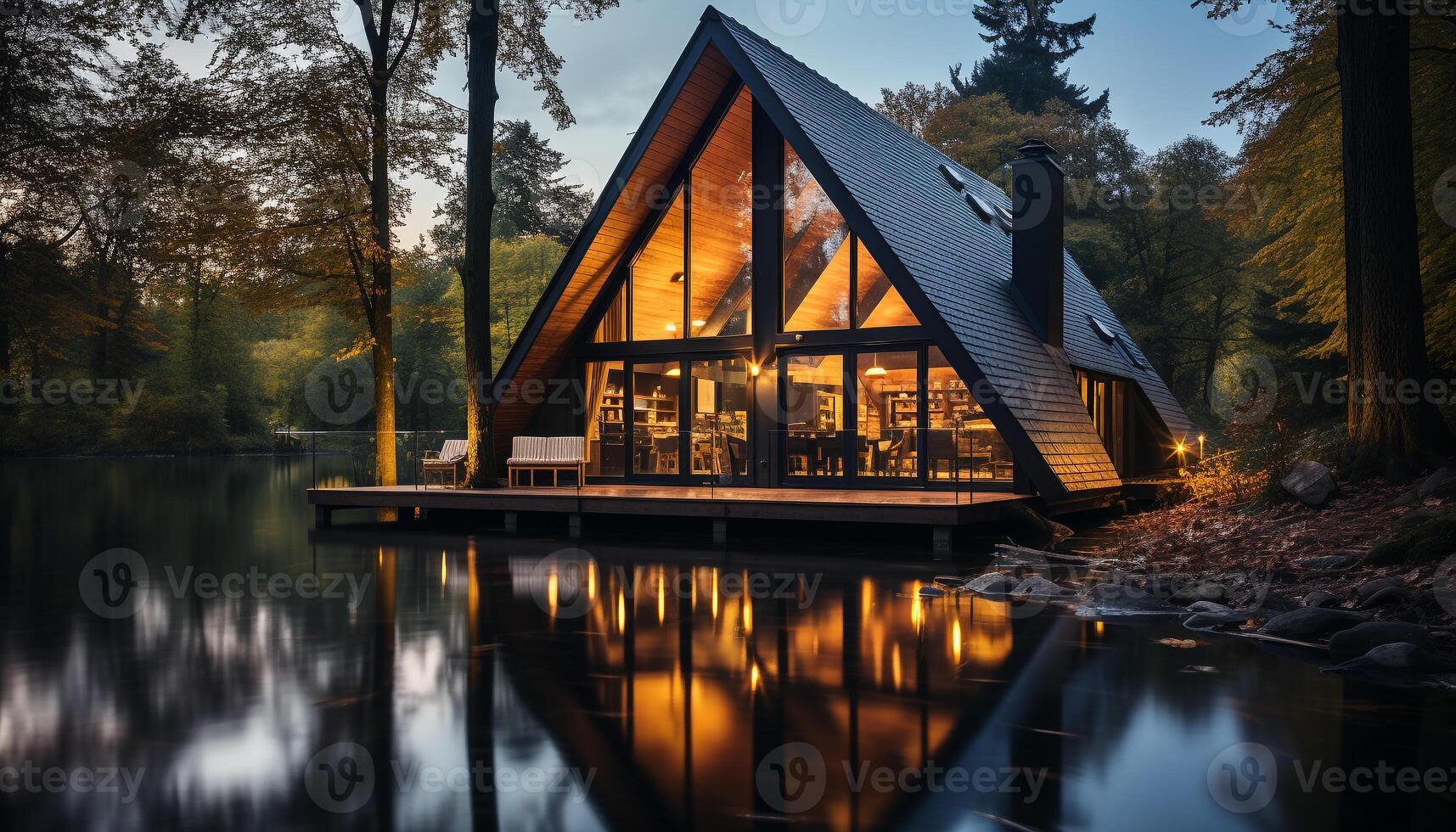 ai generado tranquilo oscuridad refleja belleza en naturaleza, sereno agua y madera generado por ai foto