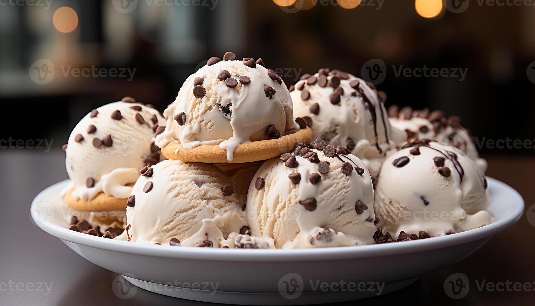 AI generated Homemade ice cream ball melts on chocolate fudge cookie generated by AI photo