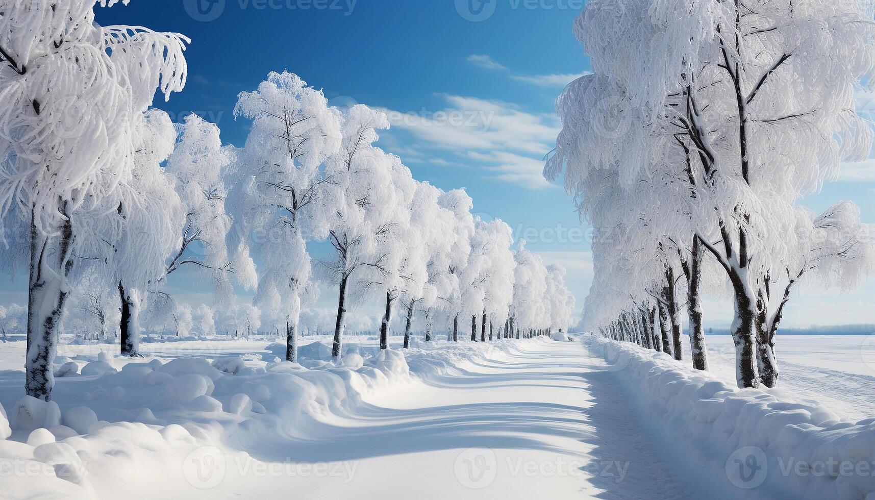 AI generated Winter landscape snow covered trees create a tranquil, frosty beauty generated by AI photo