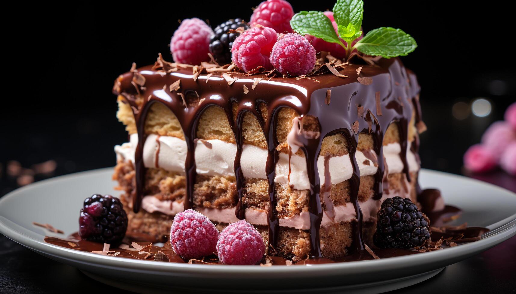 AI generated Homemade chocolate cake with raspberry and whipped cream decoration generated by AI photo