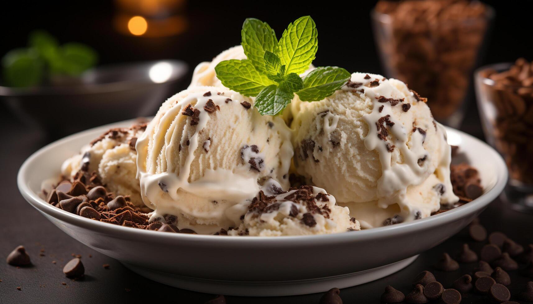 AI generated Homemade ice cream sundae, a sweet indulgence on a plate generated by AI photo