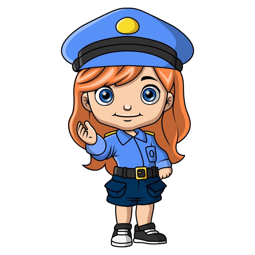 linda policía niña dibujos animados en blanco antecedentes vector