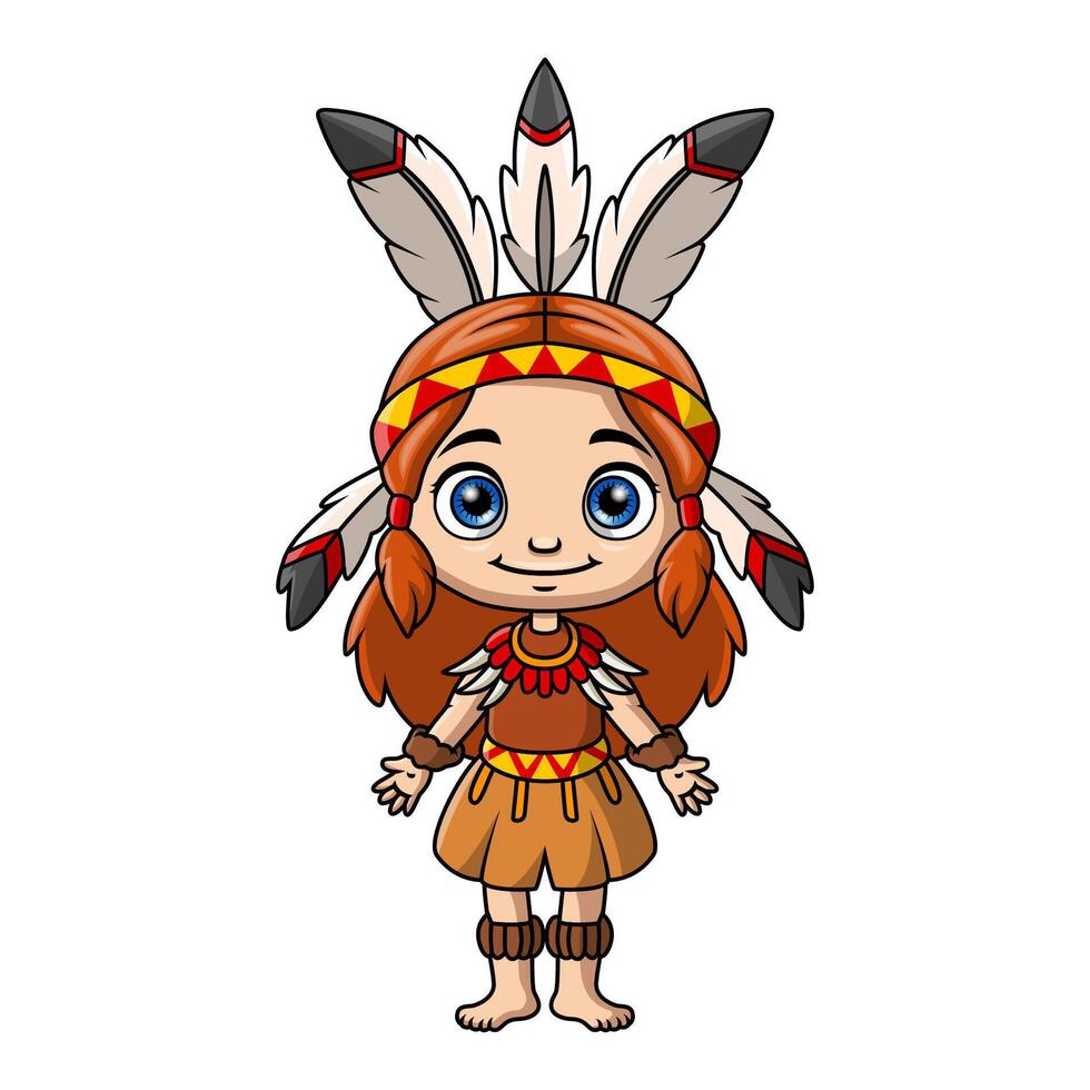 linda nativo americano indio niña dibujos animados en blanco antecedentes vector
