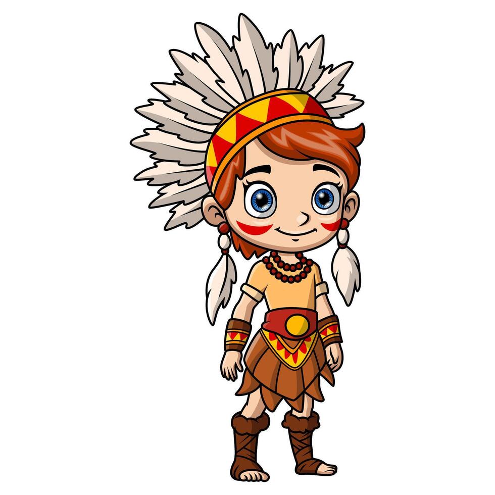 Cute native american indian girl cartoon on white background vector