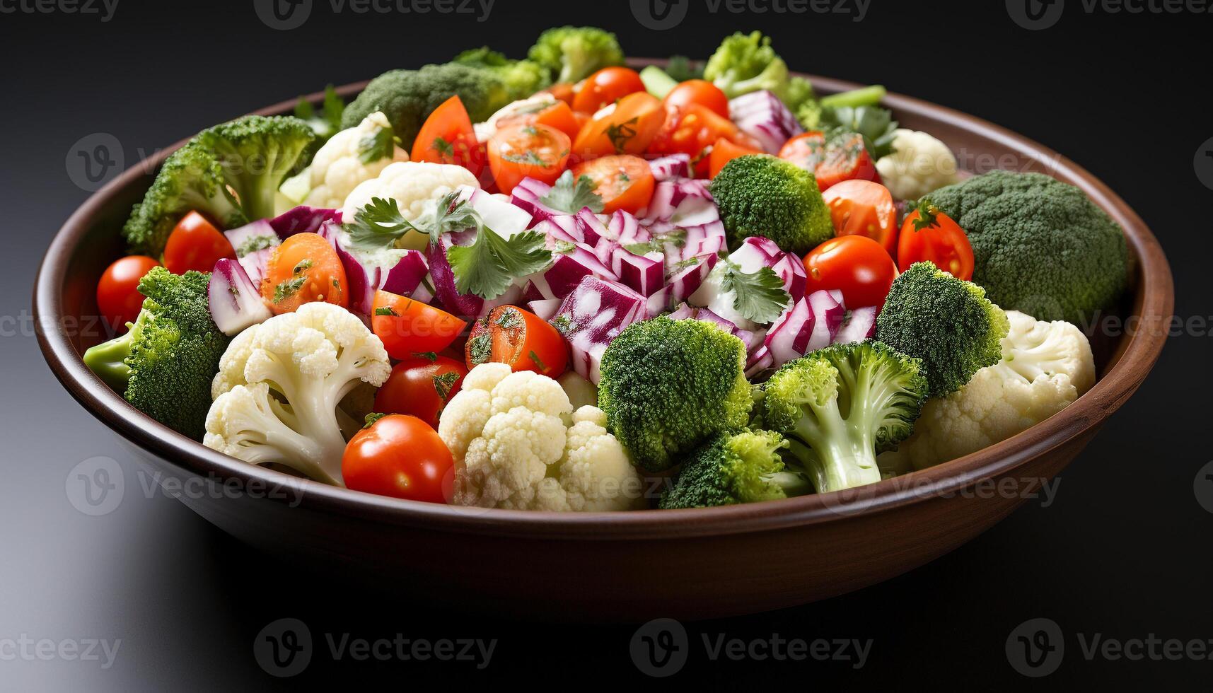 ai generado fresco, sano ensalada brócoli, coliflor, tomate, zanahoria, campana pimienta generado por ai foto