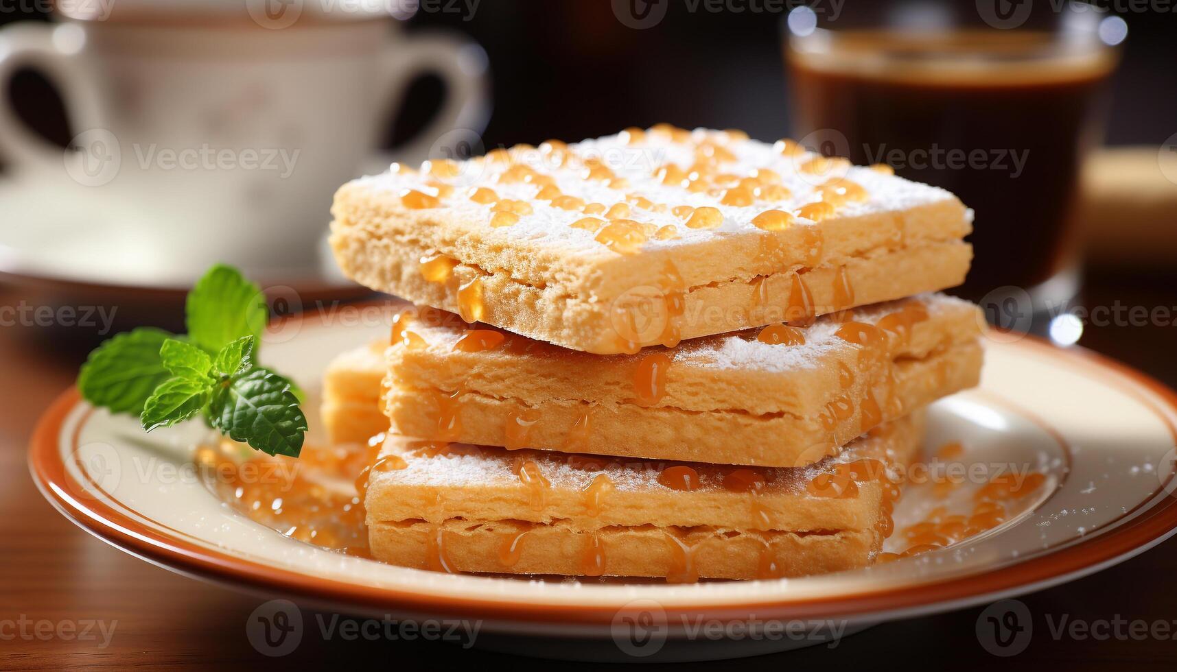AI generated Homemade wafer stack, sweet caramel syrup, nature indulgence on wood generated by AI photo