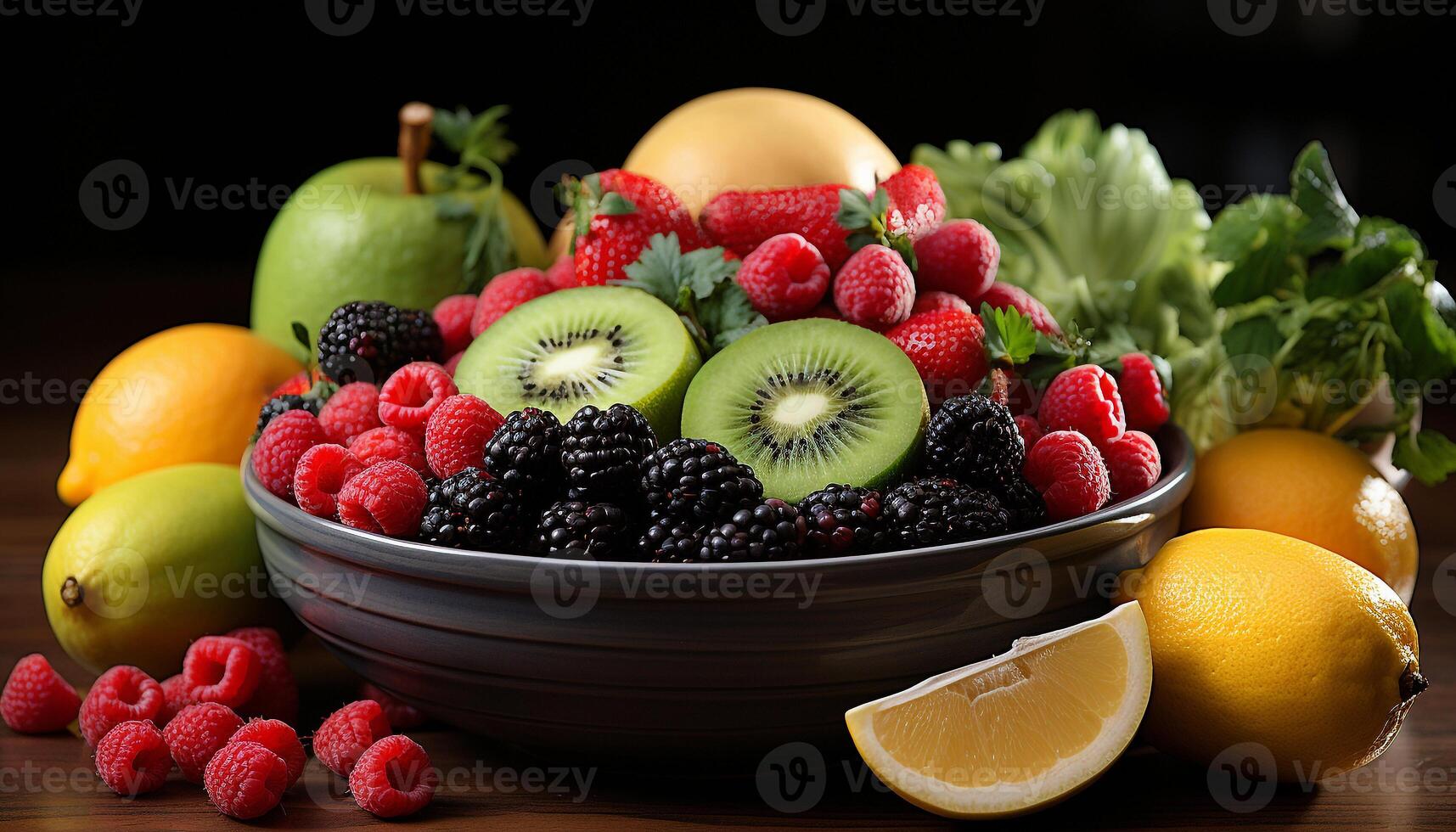 AI generated Fresh, healthy fruit salad raspberry, strawberry, blueberry, orange, kiwi generated by AI photo